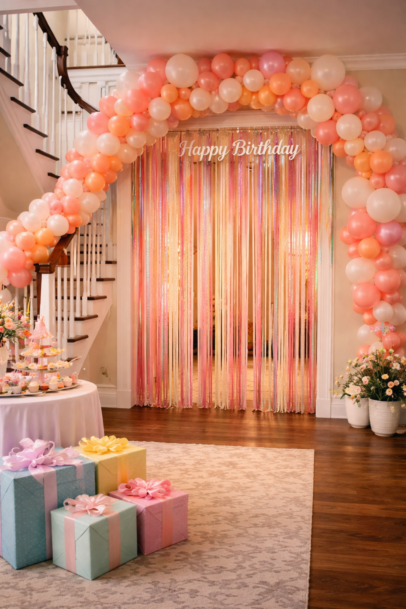 Birthday setup with staircase and decorated doorway in a private home