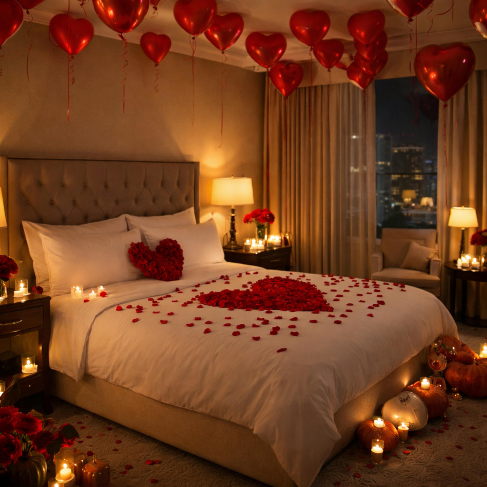 Romantic hotel room celebration setup