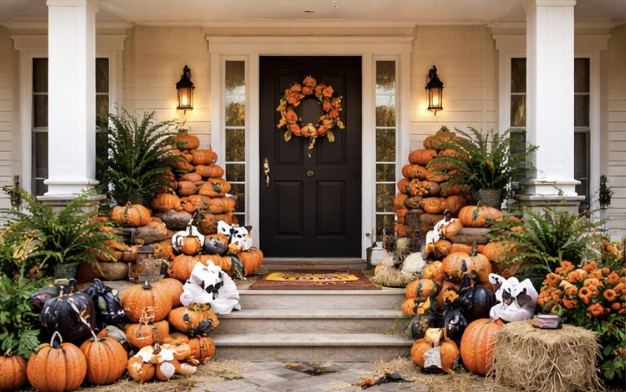 Seasonal porch decorating with pumpkins and warm lighting