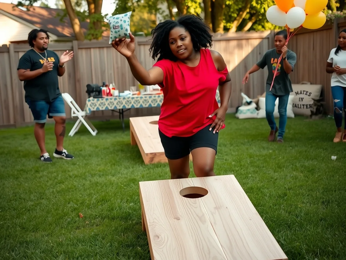 Black woman tossing a bean bag at a wooden cornhole board on a green lawn at a backyard party