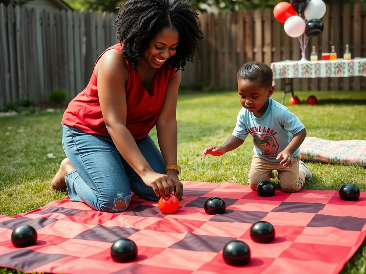 Black mother and her young son kneeling on a giant checkers mat on a backyard lawn, moving oversized black checker pieces
