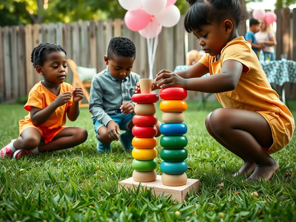 Young Black children sorting colorful rings onto a giant color stack puzzle on a green lawn