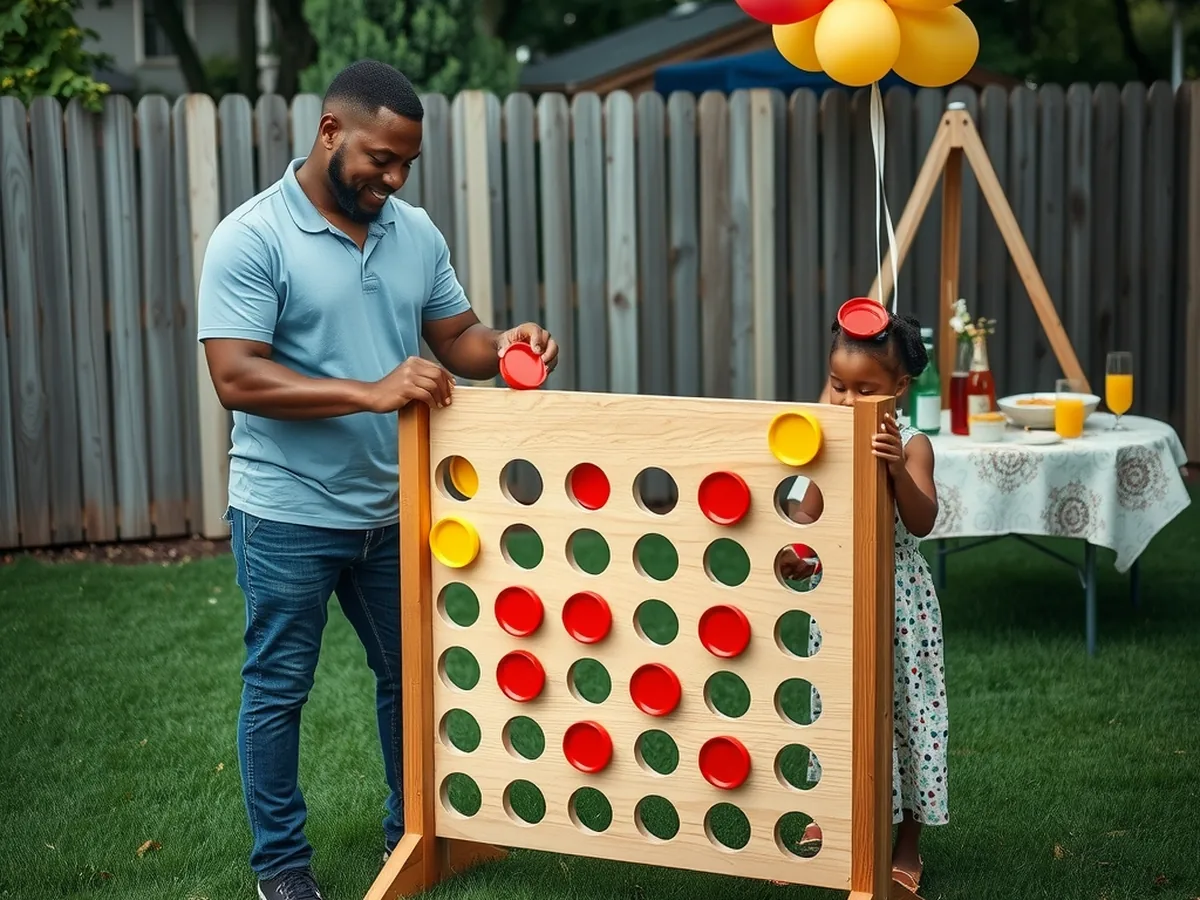 Black father and daughter dropping red and yellow discs into a four-foot giant connect four game at a Memphis backyard party