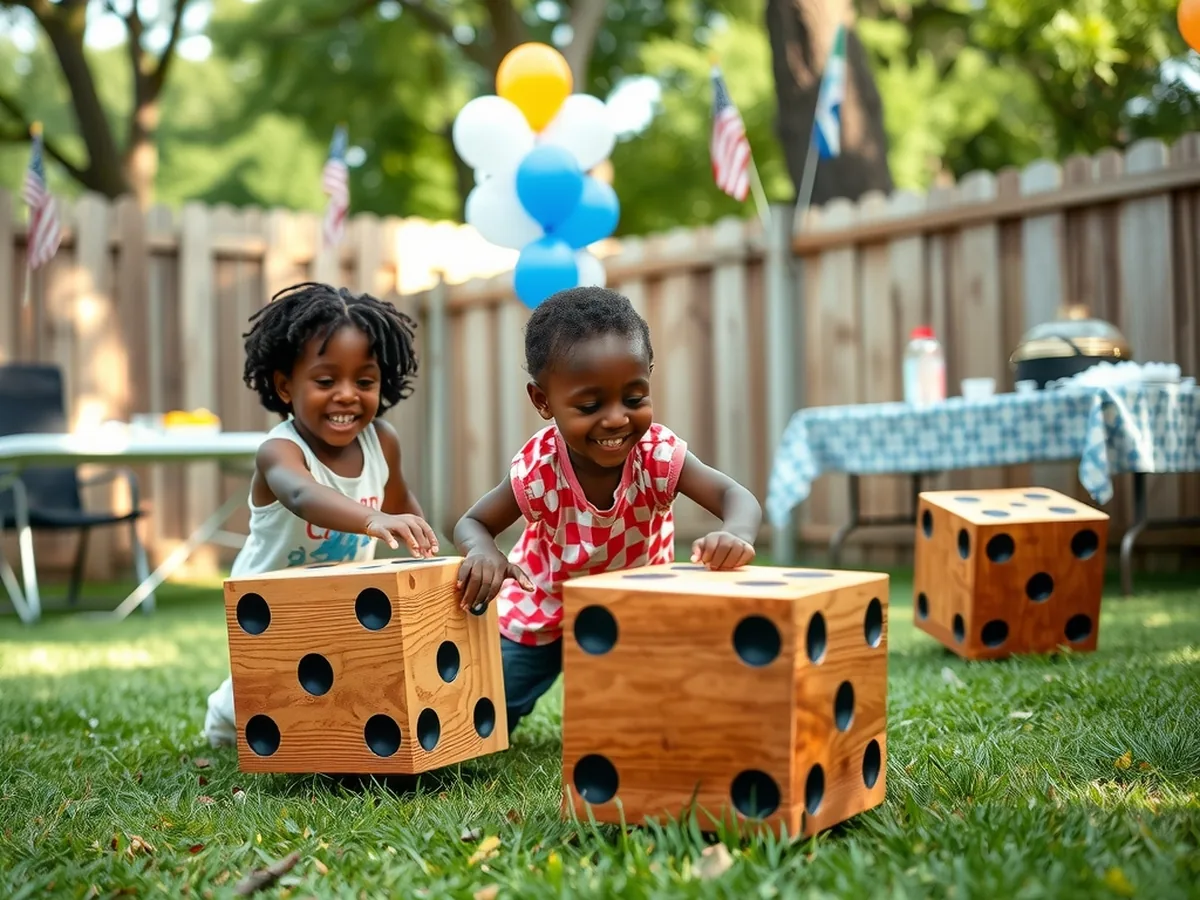 Black children rolling oversized dice on a green lawn at a backyard party