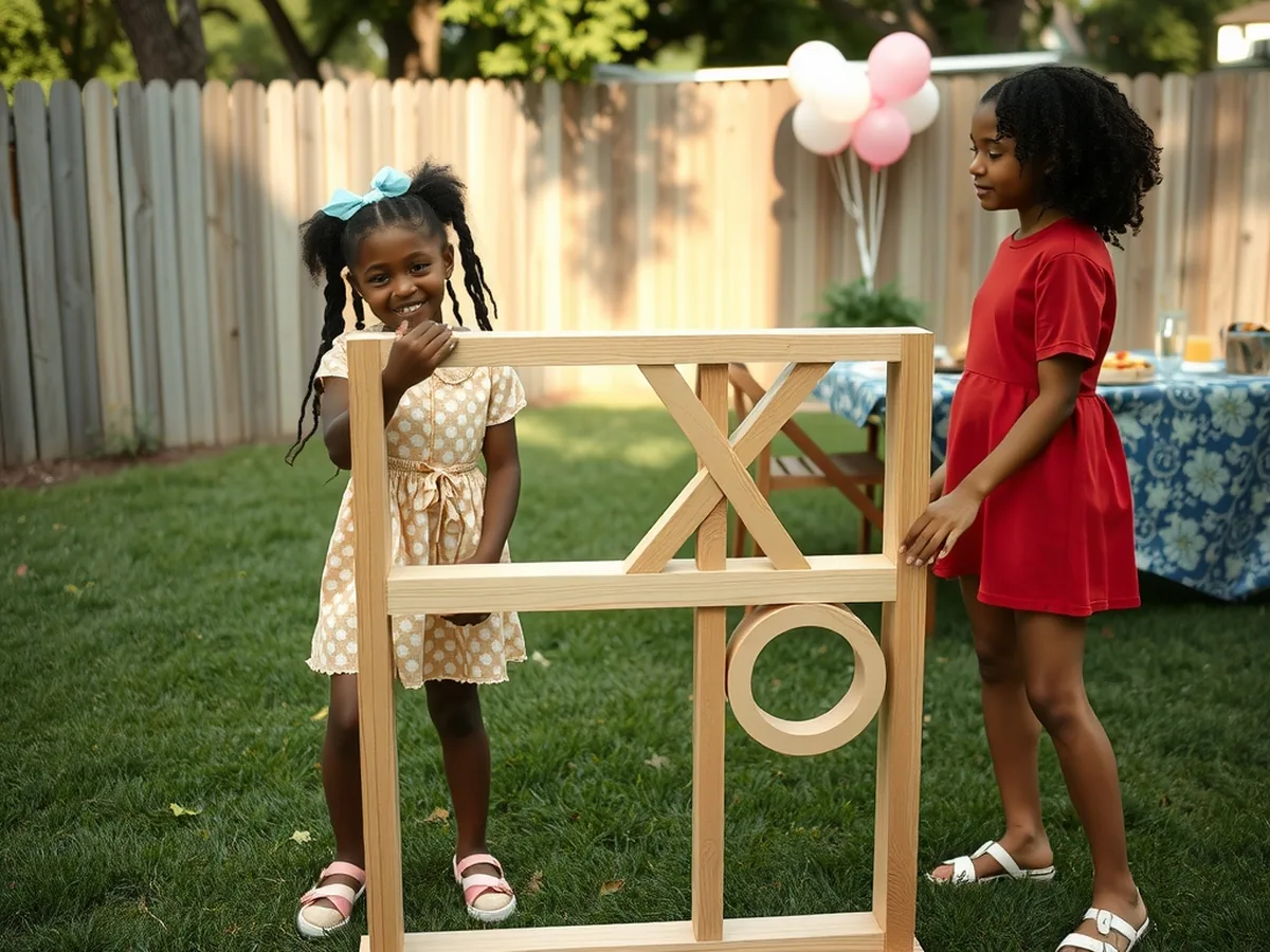 Black girl placing an X piece in a three-foot wooden tic-tac-toe frame on a lawn while her friend waits her turn