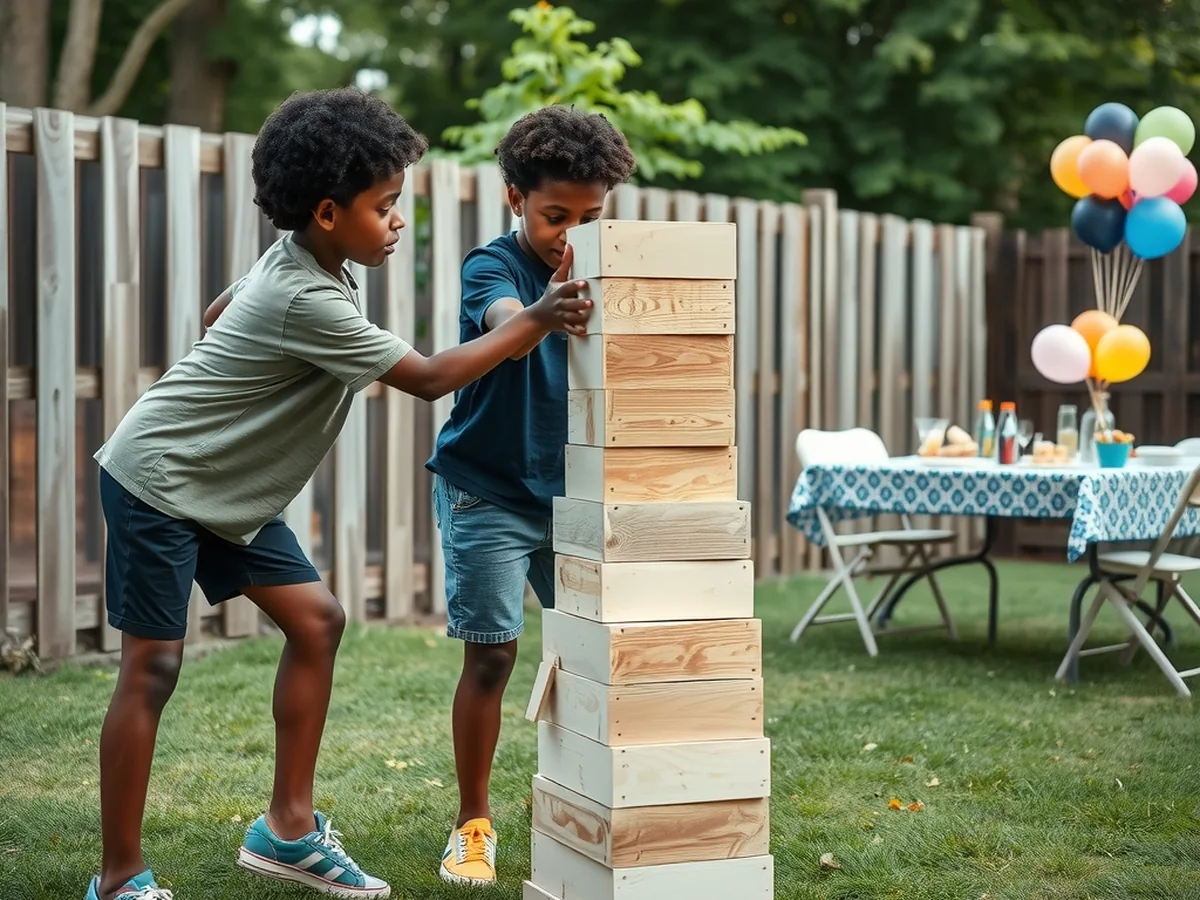 Two Black boys sliding a block from a giant wooden tumble tower on a backyard lawn at a party