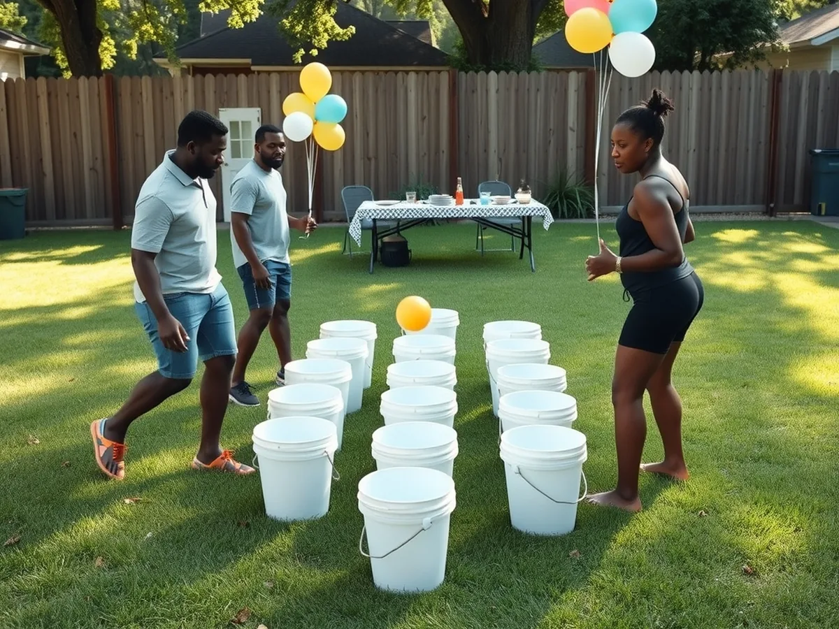 Black adult friends tossing a ball toward white buckets set up for giant yard pong on a lawn