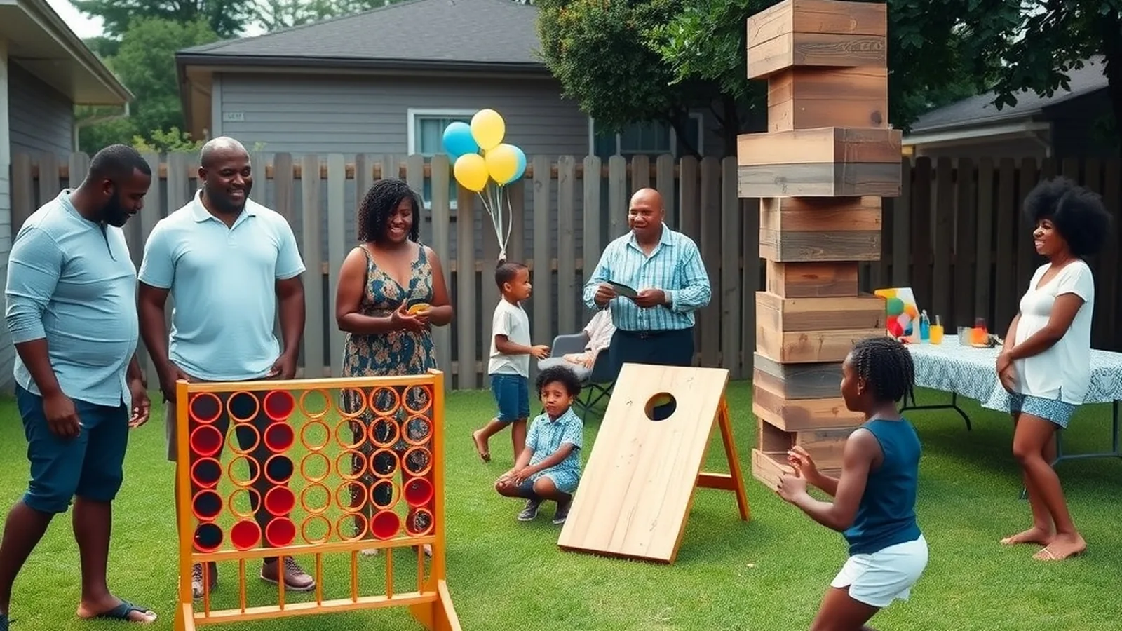 Black family reunion in a Memphis backyard with a giant connect four, a cornhole board and a giant tumble tower set up on the lawn, balloons and a party table behind