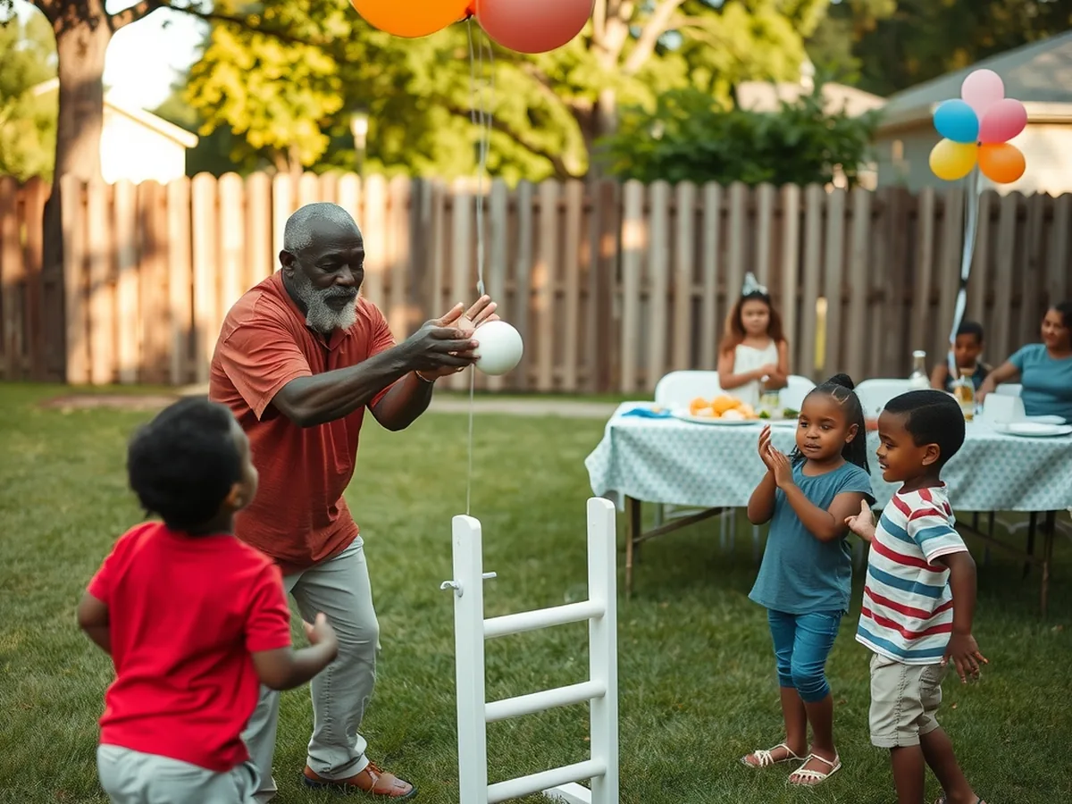 Black grandfather tossing a bola at a ladder toss frame while his grandchildren cheer on a backyard lawn